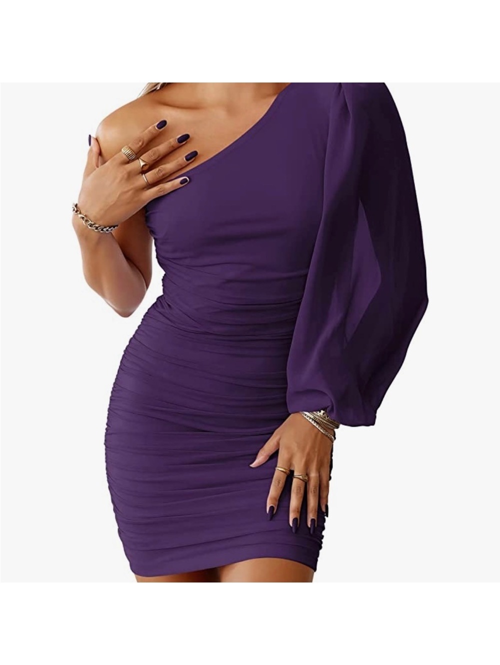 Anrabess Women's Ruched Mini Dress One Shoulder Mesh Long Sleeve XL Purple